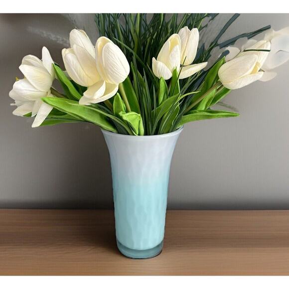 Vintage Libbey Ombre Teal Blue White Glass Vase 8" H Easter Spring Decor Pastel - Picture 1 of 10